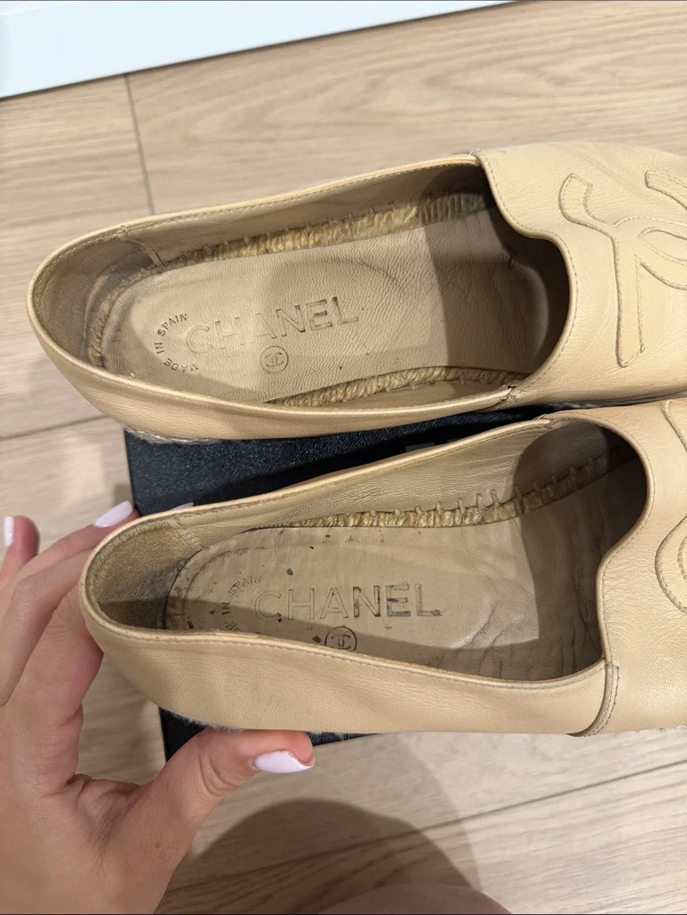 CHANEL Beige Leather Espadrilles with Black Cap Toe
